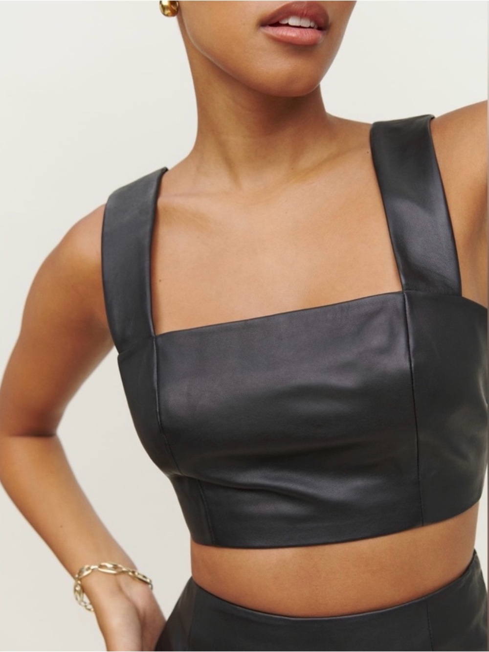 Veda x Reformation Staten Lamb Leather Crop Top - Black - Size M